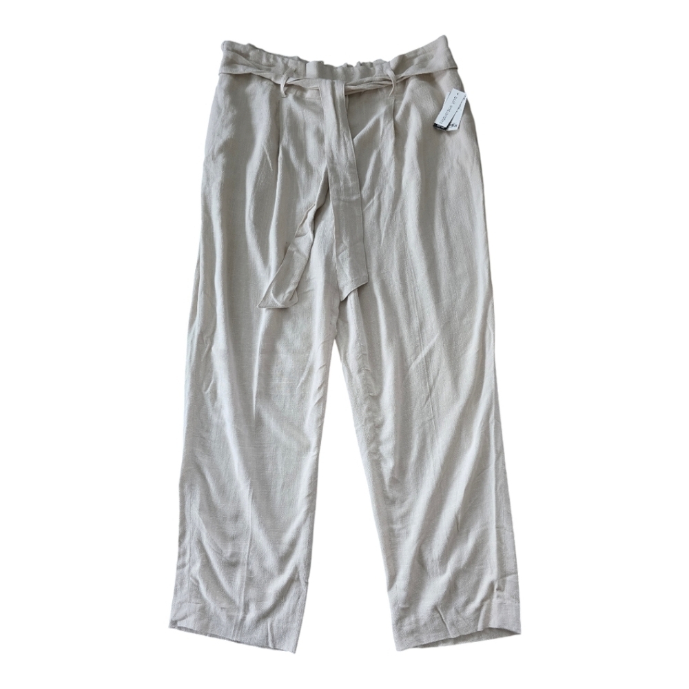 Bar III Pants Women Sz L Nude High Rise Linen Blend Belted Ankle Neutral…